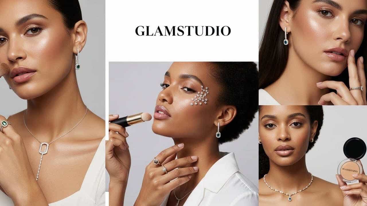 Glamstudio advertisement featuring a woman with makeup products and jewelry.